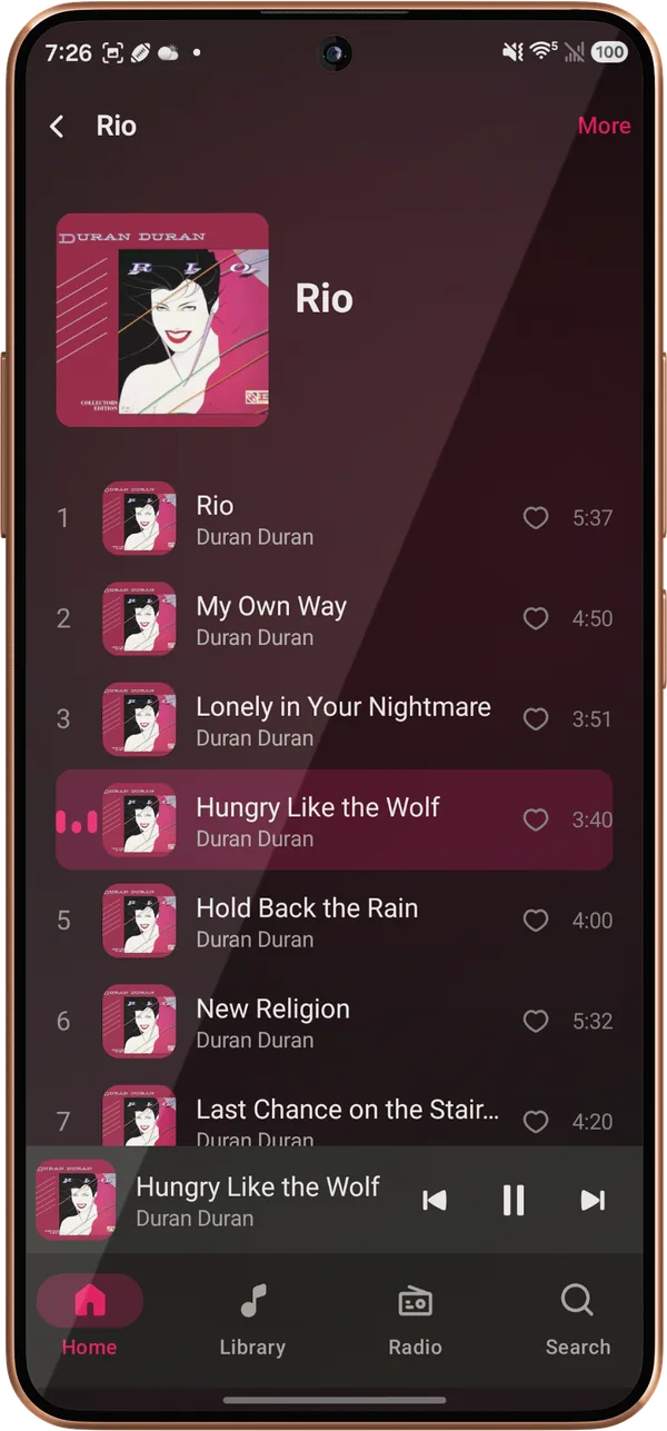The album page for Duran Duran’s Rio on an Android phone: the cover and the track list, with Hungry Like the Wolf highlighted as the playing track.