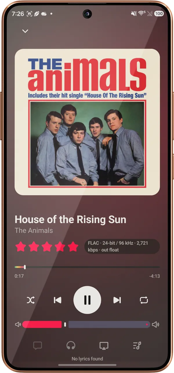 Now Playing on an Android phone for House of the Rising Sun by The Animals: the album cover, a five-star rating, a FLAC 24-bit / 96 kHz label, the rainbow seek bar, transport controls, and a volume slider.