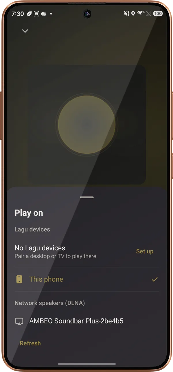 The Play on sheet on an Android phone: This phone ticked, a Set up link for Lagu devices, and a Network speakers (DLNA) section listing an AMBEO Soundbar Plus.