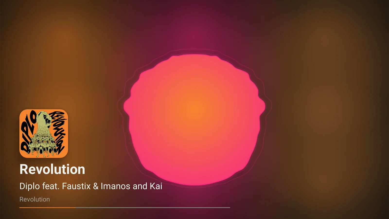 Lagu on Android TV with the Radial visualizer fullscreen: a pulsing pink and orange disc over a warm background taken from the album cover, with the cover, track title, artist, album, and a progress line in the bottom left.