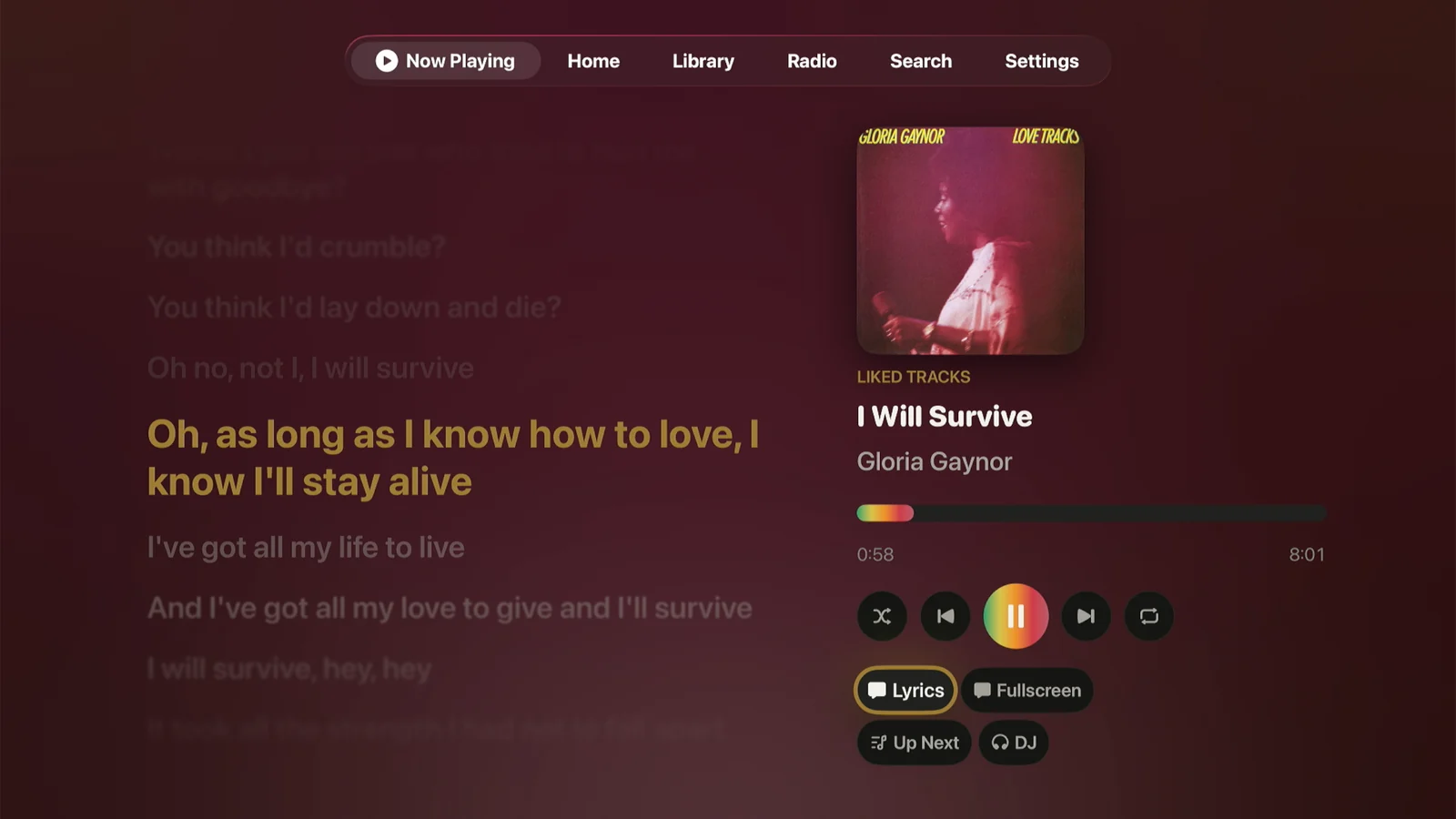 Lagu Now Playing on Apple TV: synced lyrics on the left with the current line highlighted in gold, and on the right the album cover, track title, rainbow seek bar, transport controls, and buttons for Lyrics, Fullscreen, Up Next, and DJ. A tab bar across the top reads Now Playing, Home, Library, Radio, Search, Settings.