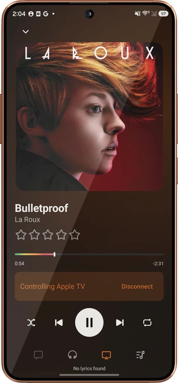 Lagu on an Android phone acting as the remote for an Apple TV: album cover, track title, star rating, and rainbow seek bar, with a banner reading Controlling Apple TV and a Disconnect button above the transport controls.