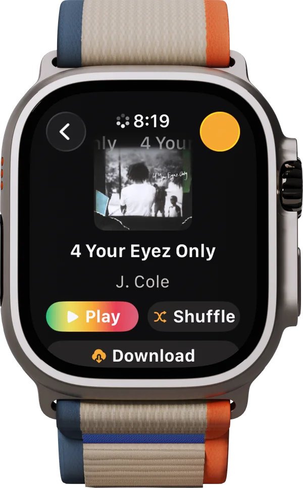 The album 4 Your Eyez Only by J. Cole on Apple Watch, with Play, Shuffle, and Download buttons.