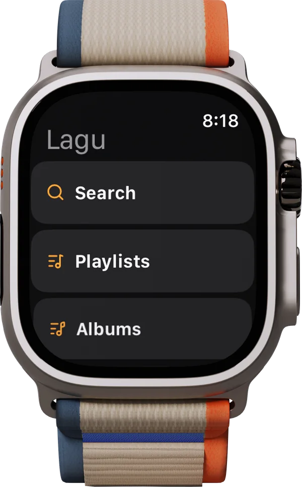 Lagu’s browse menu on Apple Watch: Search, Playlists, and Albums, with the time in the corner.