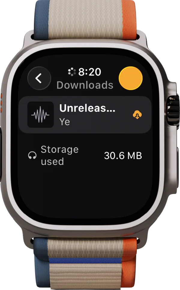 The Downloads screen on Apple Watch: a downloaded album by Ye, and 30.6 MB of storage used.