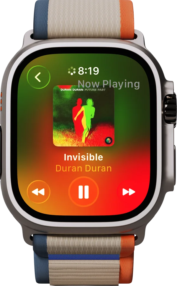 Now Playing on Apple Watch for Invisible by Duran Duran: the Future Past cover, the screen tinted red and green from it, and previous, pause, and next buttons.