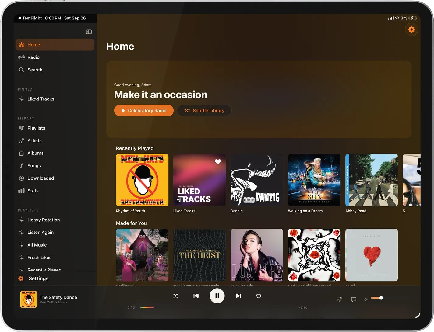 Lagu on iPad in landscape: a sidebar with Home, Radio, and Search, a Pinned section with Liked Tracks, the library sections, and playlists; Home with a Make it an occasion greeting and Recently Played and Made for You rows; and the player bar docked along the bottom.