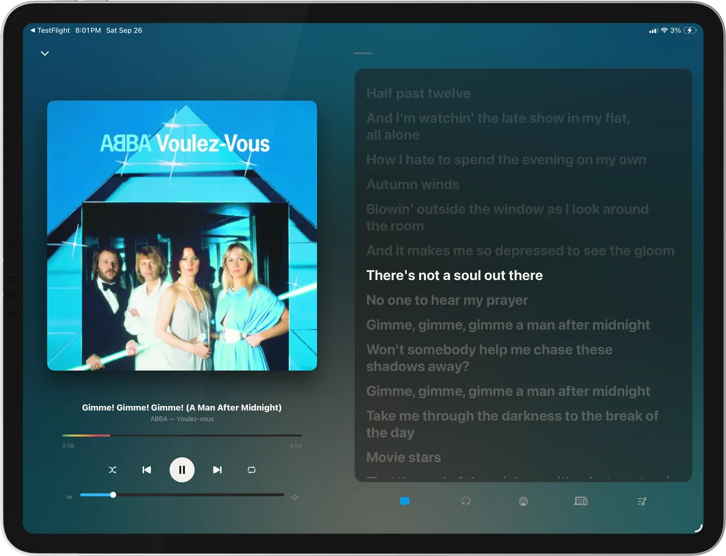 Now Playing on iPad in landscape: the ABBA Voulez-Vous cover, the track Gimme! Gimme! Gimme! (A Man After Midnight), the seek bar, transport controls, and volume in one column, and synced lyrics with the current line in white in the other.