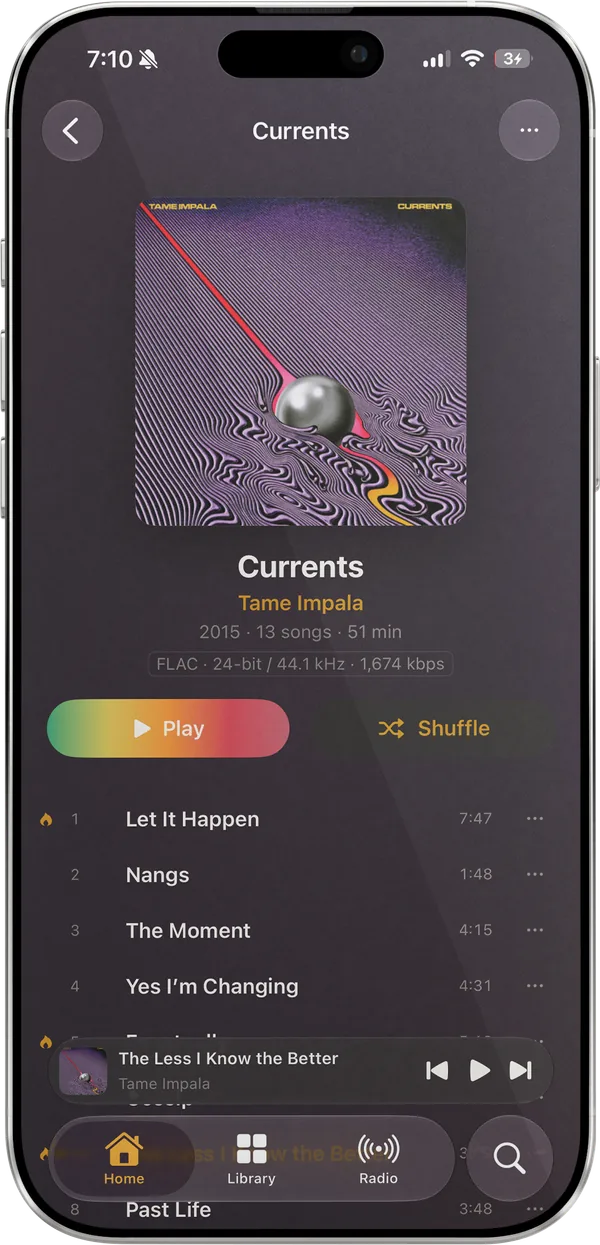 The album page for Tame Impala’s Currents on iPhone: the cover, 2015 · 13 songs · 51 min, a FLAC 24-bit / 44.1 kHz label, Play and Shuffle buttons, and the start of the track list.