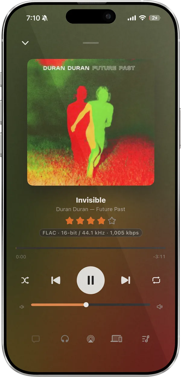 Now Playing on iPhone for Invisible by Duran Duran: the Future Past cover, a four-star rating, a FLAC 16-bit / 44.1 kHz label, the seek bar, transport controls, and a volume slider, with the screen tinted red and green from the cover.
