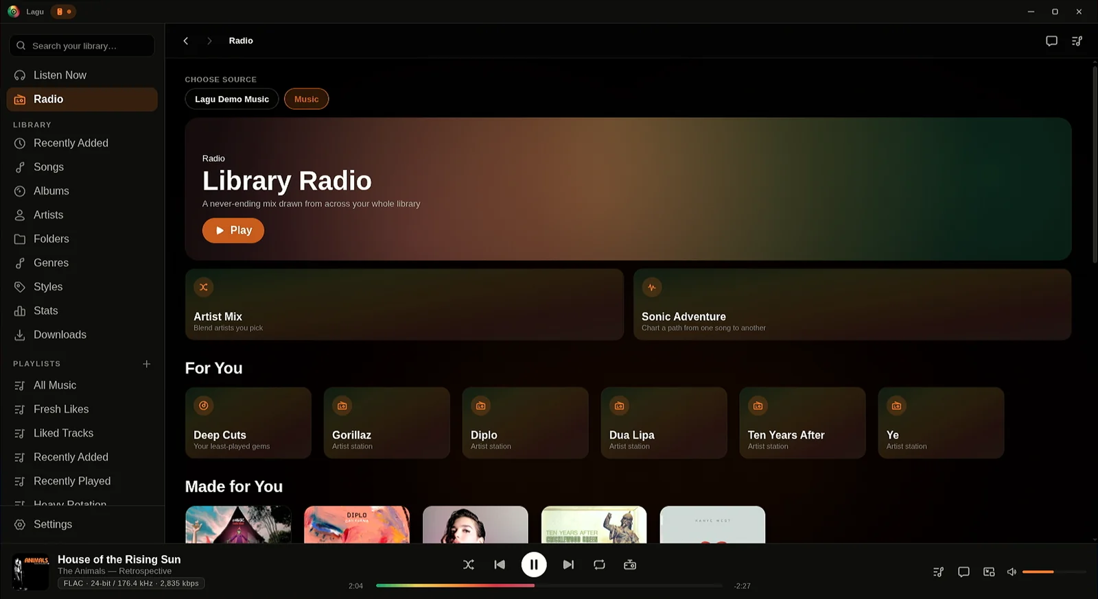 Lagu running on CachyOS Linux: a sidebar with Listen Now, Radio, the library sections, and playlists; the Radio screen with Library Radio, Artist Mix, Sonic Adventure, Deep Cuts, and artist stations; and a player bar along the bottom showing FLAC 24-bit / 176.4 kHz. A badge in the title bar shows a phone connected through Lagu Remote.