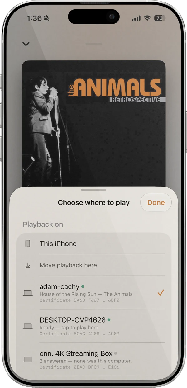 Lagu on an iPhone with the Choose where to play sheet open: This iPhone, Move playback here, and a list of paired hosts. The Linux desktop adam-cachy is ticked and shows the track it is playing, a Windows desktop is ready, and each host lists its certificate fingerprint.