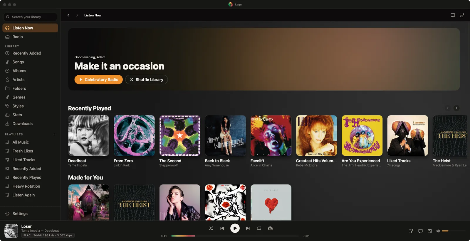 Lagu on macOS with the traffic lights in the title bar: a sidebar with Listen Now, Radio, the library sections including Folders and Stats, and playlists; Home with a Make it an occasion greeting, Recently Played and Made for You rows; and a player bar showing Loser by Tame Impala in FLAC 24-bit / 96 kHz.