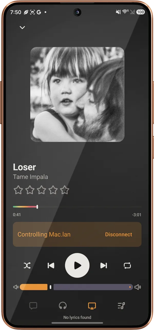 Lagu on an Android phone controlling a Mac: the cover of Tame Impala’s Deadbeat, the track Loser, the rainbow seek bar, a banner reading Controlling Mac.lan with a Disconnect button, transport controls, and the volume slider.