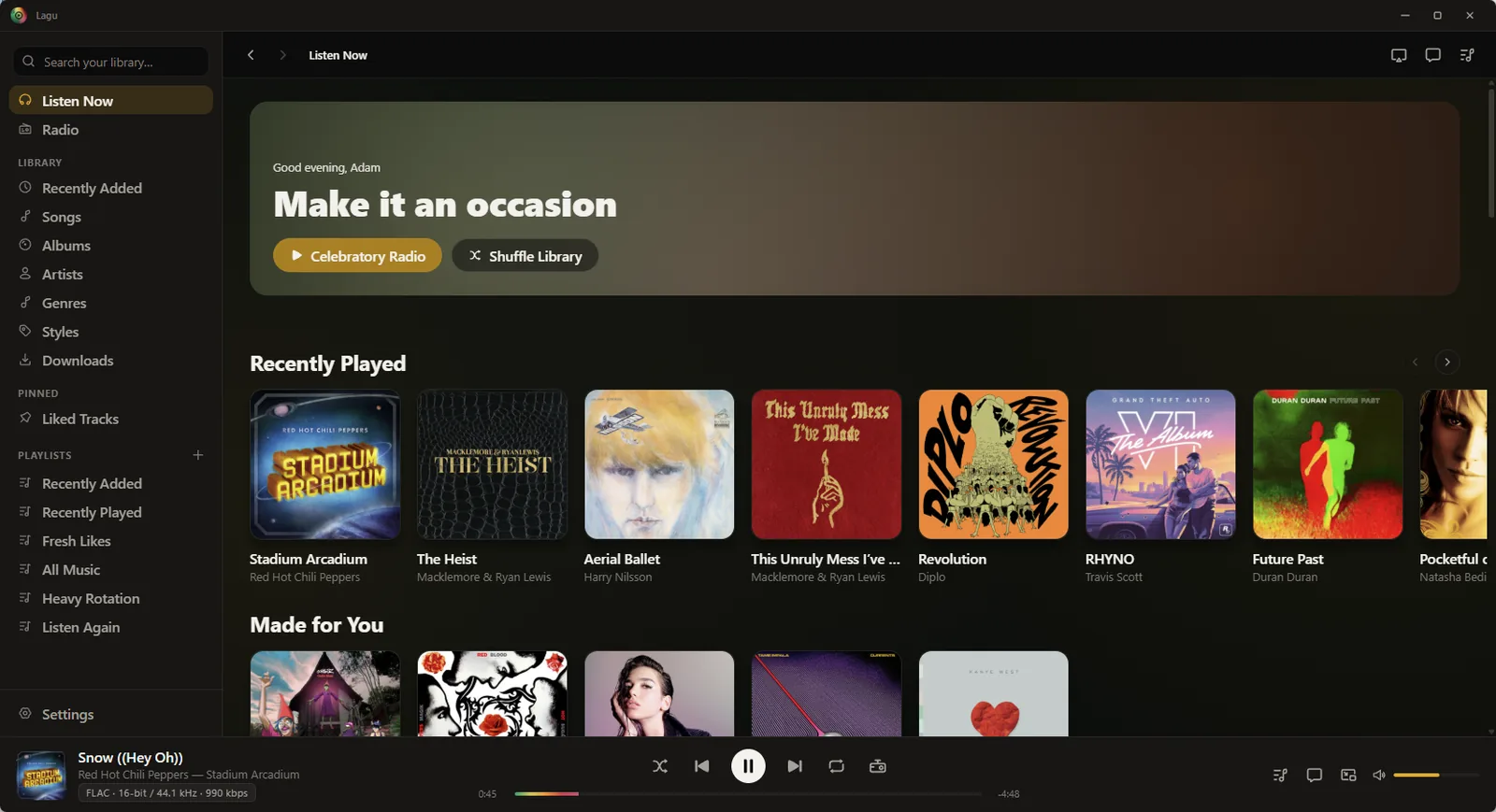 Lagu on Windows: a sidebar with Listen Now, Radio, the library sections, and playlists; Home with a Make it an occasion greeting, Recently Played and Made for You rows; and a player bar showing FLAC 16-bit / 44.1 kHz, with Lagu’s own window buttons in the title bar.