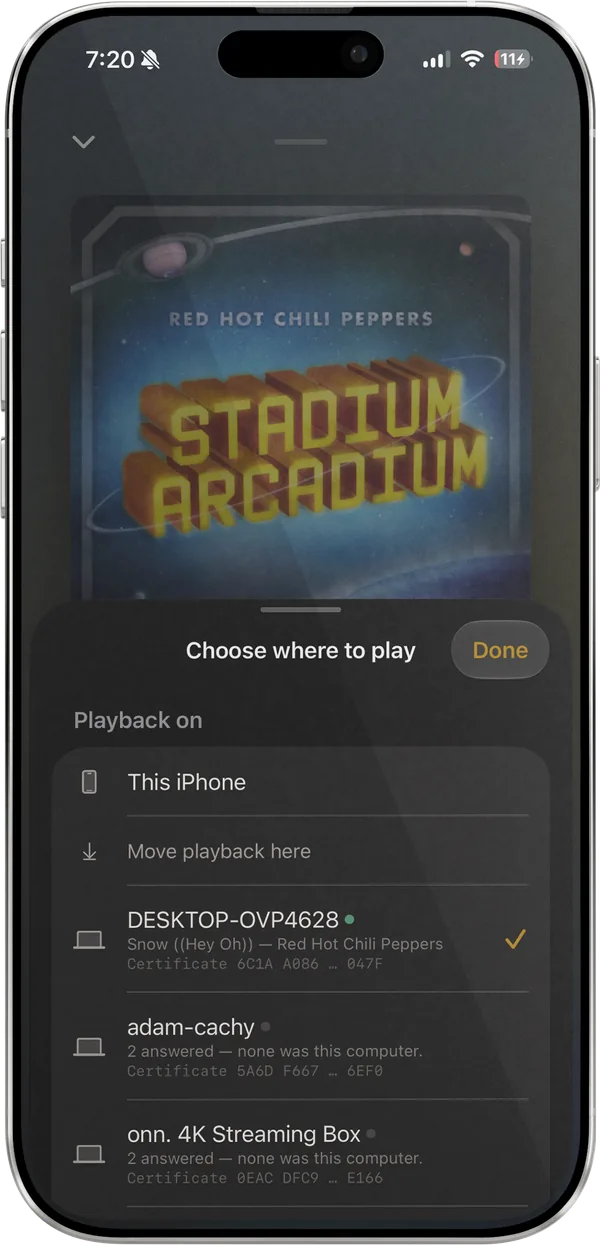 Lagu on an iPhone with the Choose where to play sheet open: the Windows PC DESKTOP-OVP4628 is ticked and shows the track it is playing, with a Linux desktop and a Google TV streaming box below it, each listing its certificate fingerprint.