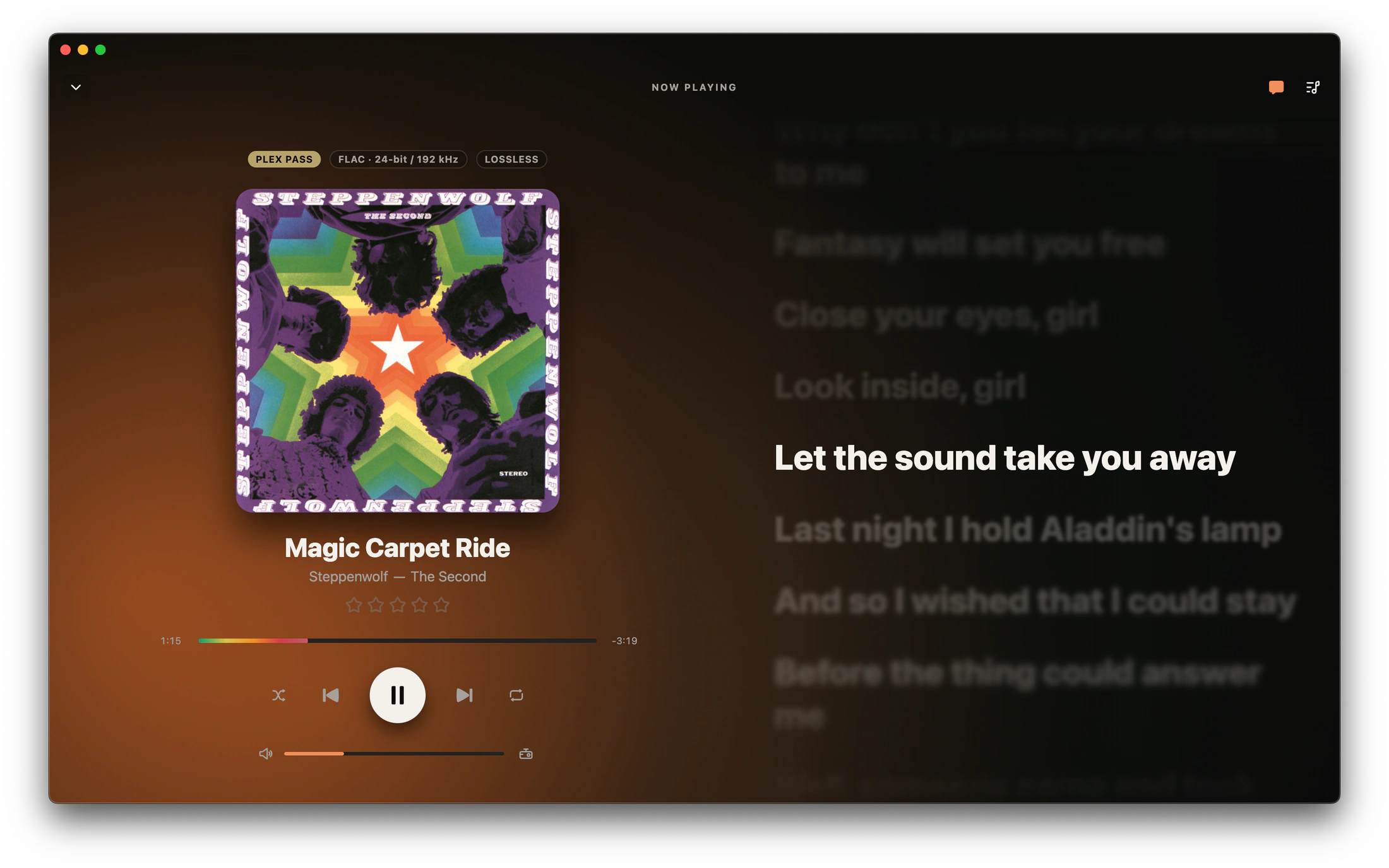 Lagu on macOS: the full Now Playing screen for Steppenwolf’s Magic Carpet Ride, with large album artwork over a warm artwork-tinted background, Plex Pass and FLAC 24-bit / 192 kHz lossless chips, a rainbow seek bar, and synced lyrics down the right-hand side with the current line in white and the rest dimmed.