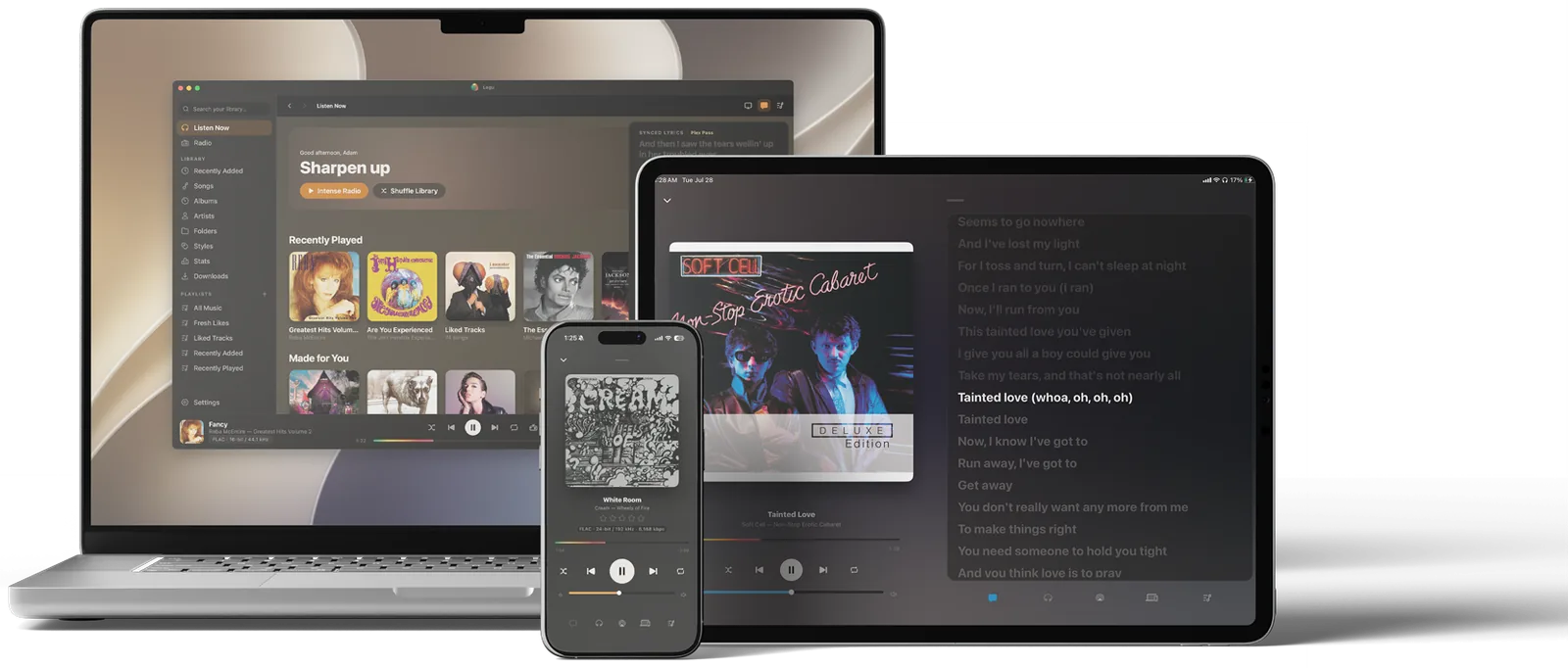 Lagu running on a MacBook, an iPad, and an iPhone at once — Listen Now on the laptop, synced lyrics beside the artwork on the tablet, and Now Playing on the phone.