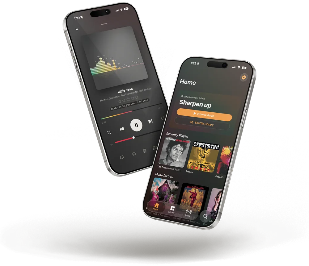 Two iPhones running Lagu: one showing the Home screen with a Sharpen up mix, Intense Radio and Shuffle Library buttons, and Recently Played artwork; the other showing an audio-reactive visualizer over Billie Jean in FLAC 24-bit / 96 kHz.