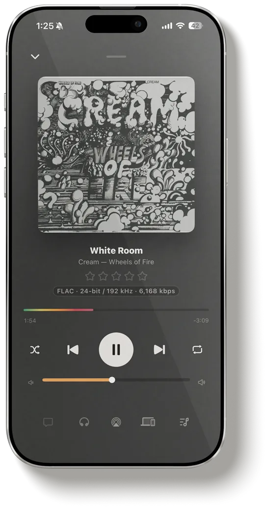 Lagu Now Playing on iPhone: large album artwork, half-star ratings, a quality chip reading FLAC 24-bit / 192 kHz / 6,168 kbps, and the rainbow seek bar.