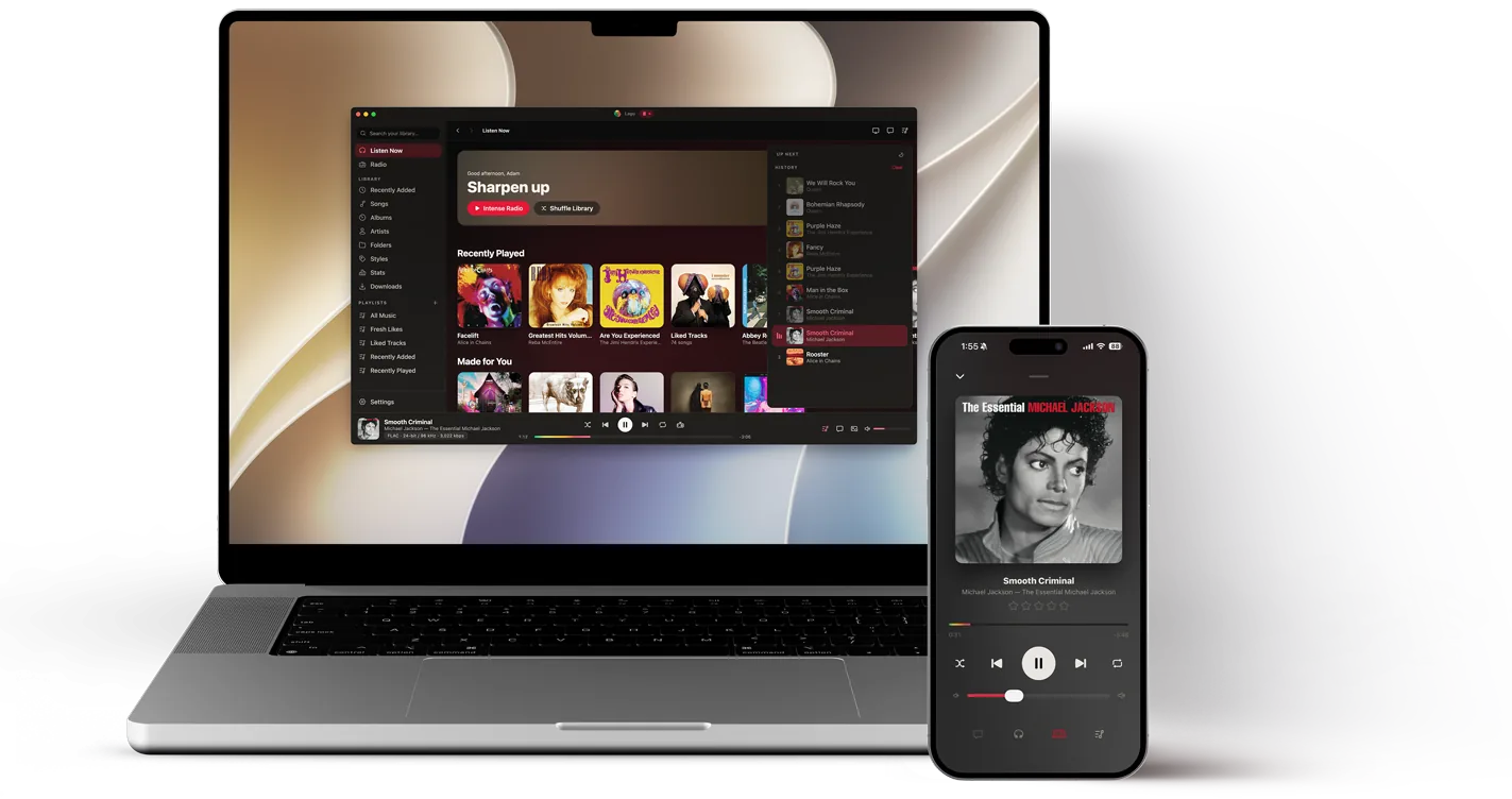 An iPhone running Lagu Remote next to a MacBook playing Lagu. The phone shows Smooth Criminal with transport controls and the Remote indicator lit; the Mac keeps the audio, with the same track in its player bar and the queue open down the right-hand side.
